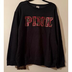 Victoria's Secret PINK Sweatshirt Womens Large Gray Plaid Logo Pullover Crewneck